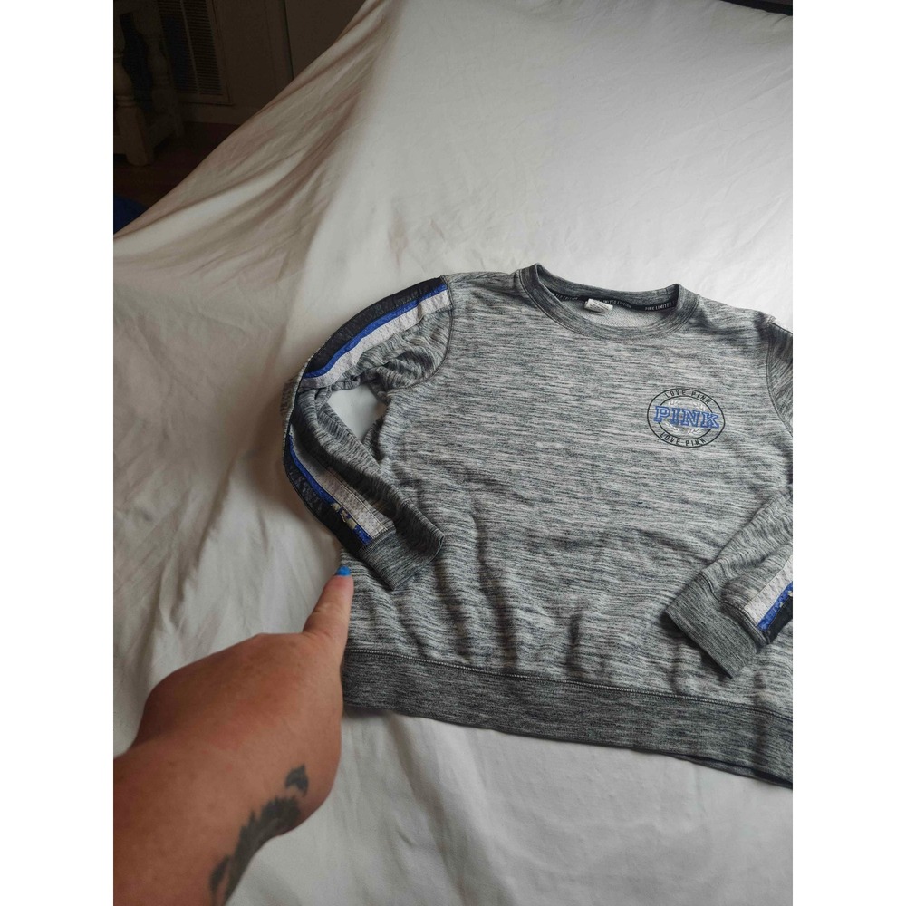 Pink Victoria's Secret Gray Marl Crewneck Sweatshirt Blue Sleeve Stripe Small - Picture 3 of 8
